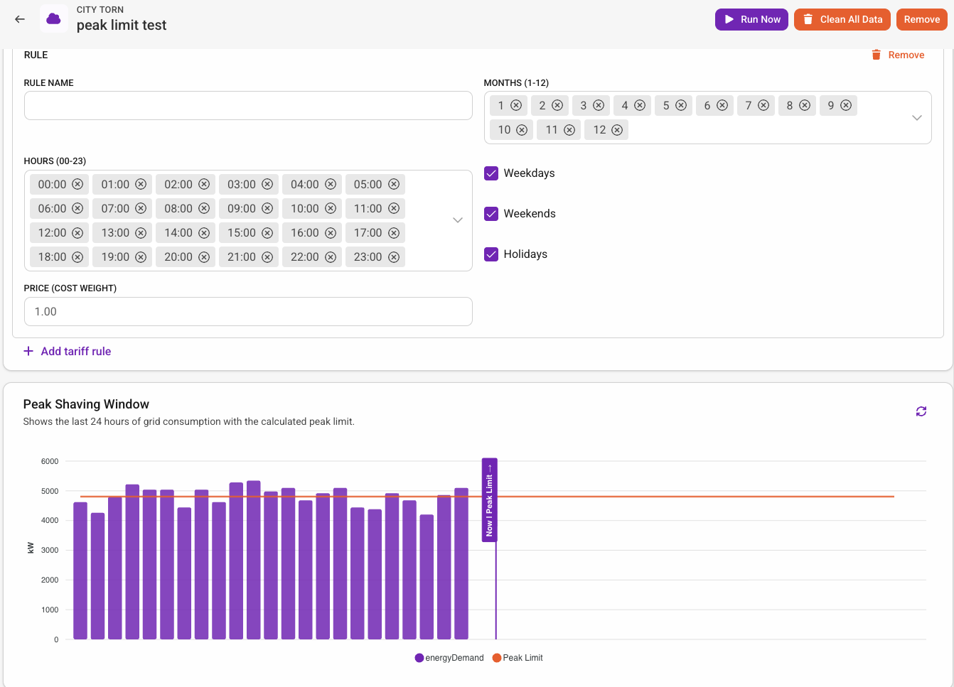 Peak Shaving Calculator configuration with source meter, peak count, reduction target, and tariff rules