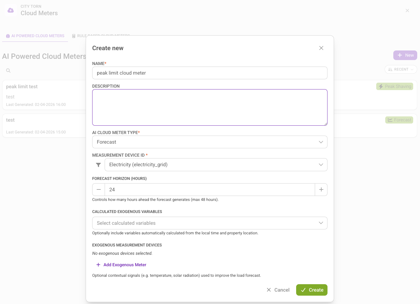 AI Cloud Meters page — creating a new Peak Shaving cloud meter