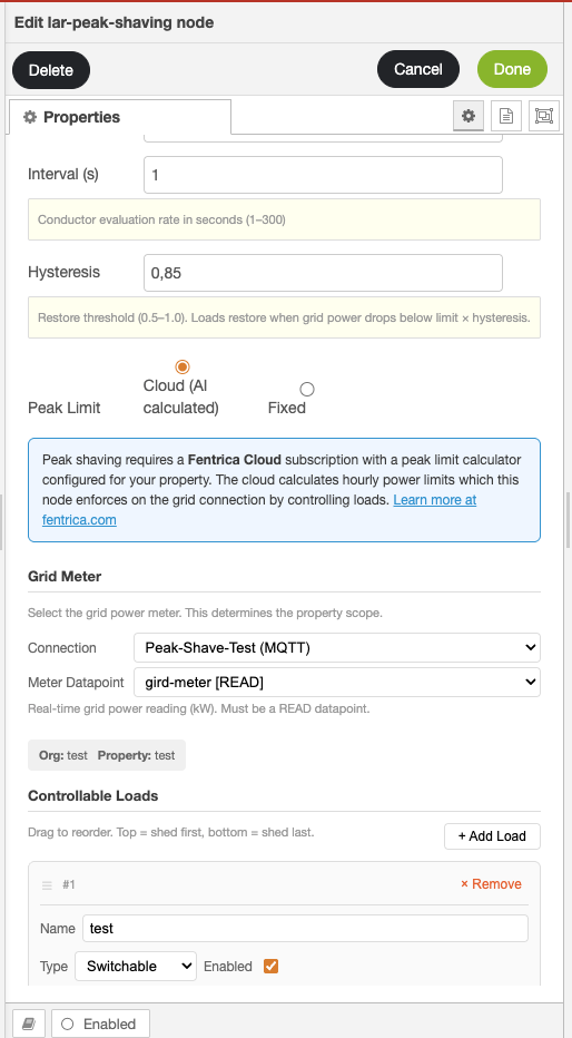 Bench editor — Peak Shaving node configuration panel