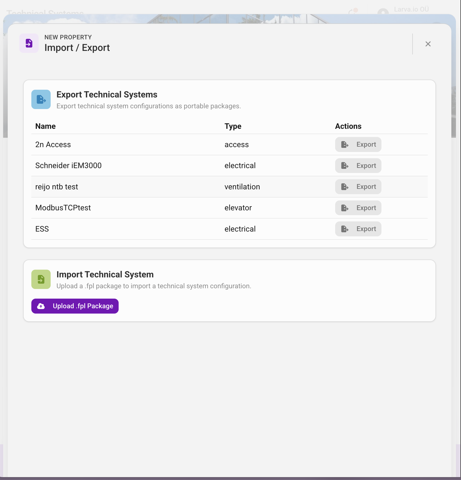 Settings > Import / Export view — export action on a technical system row