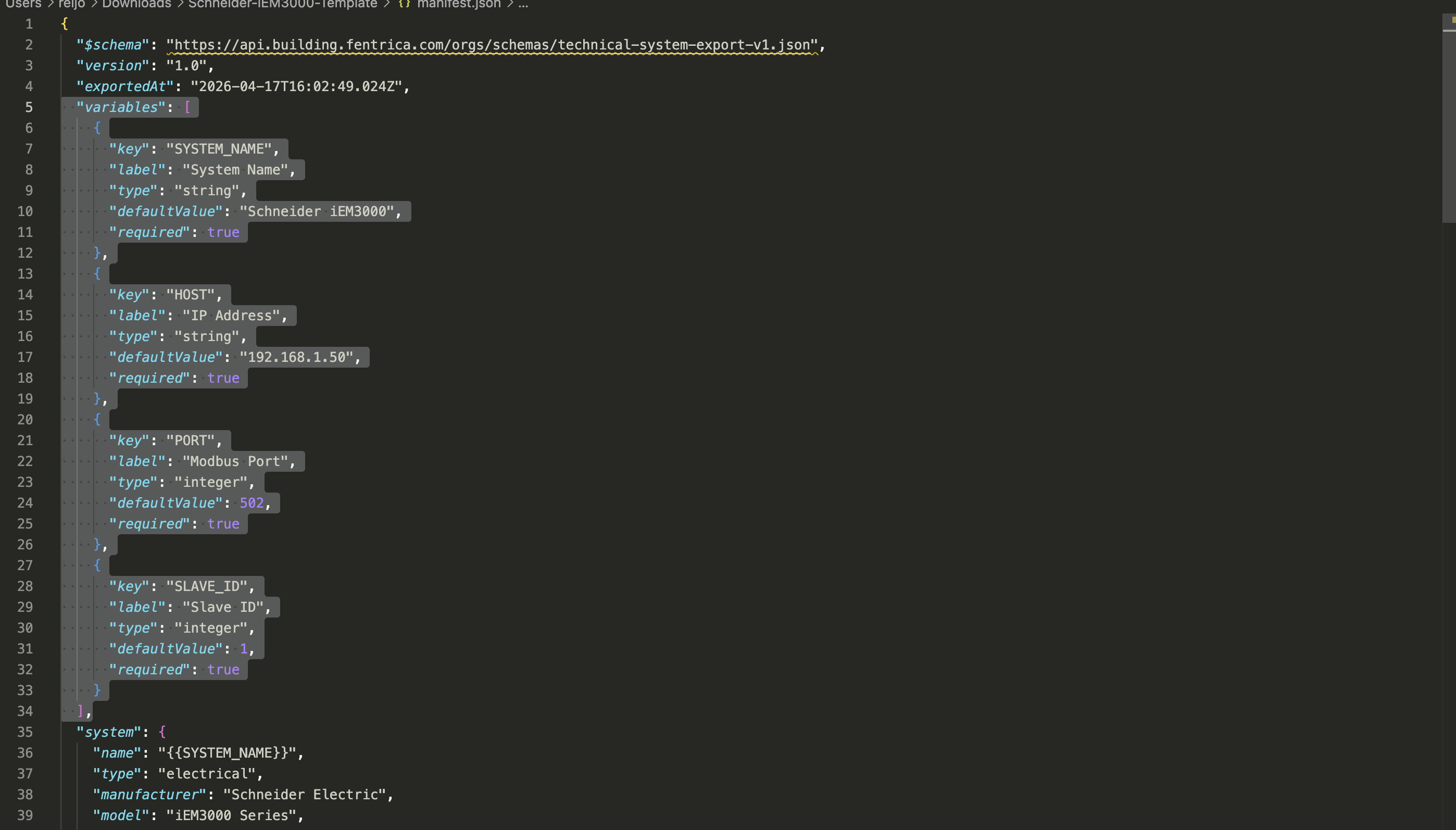 manifest.json with variables array highlighted