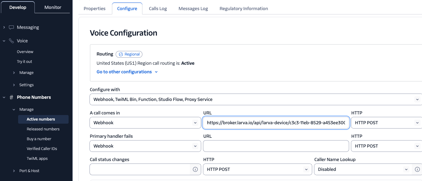 Twilio Voice Configuration — set "A call comes in" to Webhook with your Fentrica broker URL